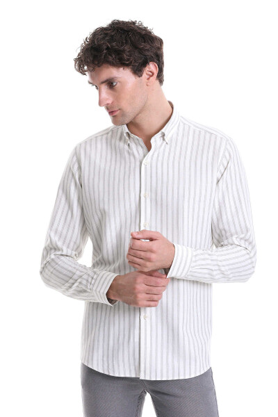 Gri Slim Fit Çizgili Dik Yaka Pamuklu Uzun Kollu Casual Gömlek - 3