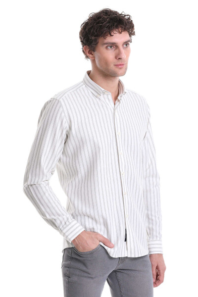 Gri Slim Fit Çizgili Dik Yaka Pamuklu Uzun Kollu Casual Gömlek - 4