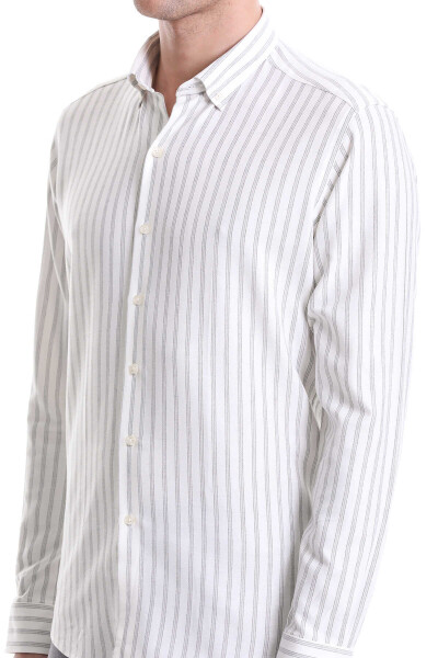 Gri Slim Fit Çizgili Dik Yaka Pamuklu Uzun Kollu Casual Gömlek - 5
