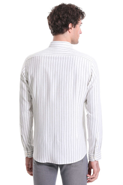 Gri Slim Fit Çizgili Dik Yaka Pamuklu Uzun Kollu Casual Gömlek - 6