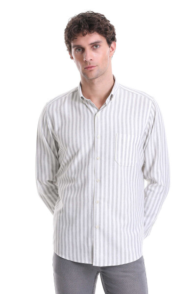 Gri Slim Fit Çizgili Dik Yaka Pamuklu Uzun Kollu Casual Gömlek - 1