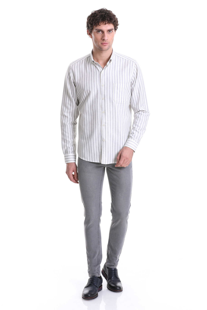 Gri Slim Fit Çizgili Dik Yaka Pamuklu Uzun Kollu Casual Gömlek - Hatemoğlu (1)
