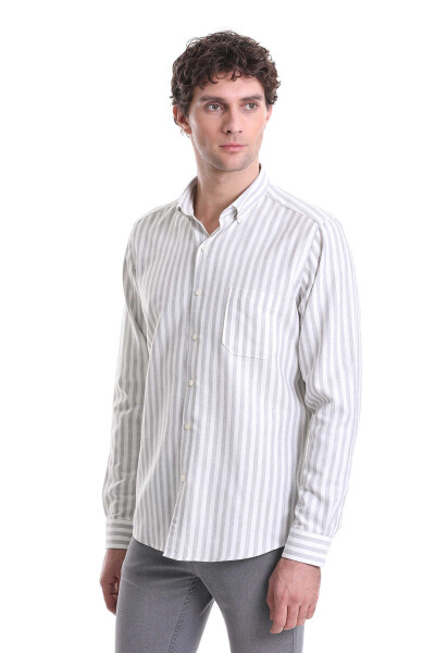Gri Slim Fit Çizgili Dik Yaka Pamuklu Uzun Kollu Casual Gömlek - 3