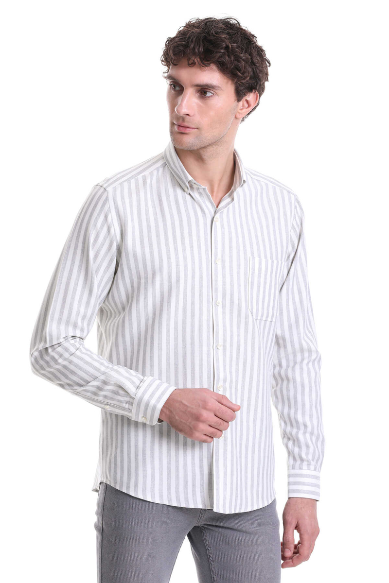 Gri Slim Fit Çizgili Dik Yaka Pamuklu Uzun Kollu Casual Gömlek - Hatemoğlu (1)