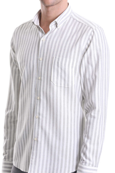 Gri Slim Fit Çizgili Dik Yaka Pamuklu Uzun Kollu Casual Gömlek - 5