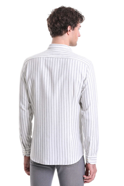 Gri Slim Fit Çizgili Dik Yaka Pamuklu Uzun Kollu Casual Gömlek - 6