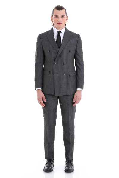 Gri Slim Fit Çizgili Klasik Kruvaze Takım Elbise - 1