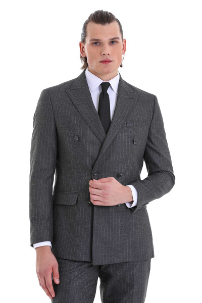 Gri Slim Fit Çizgili Klasik Kruvaze Takım Elbise - 2