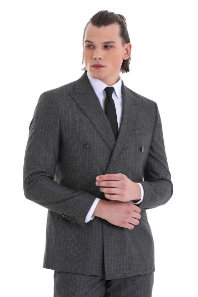 Gri Slim Fit Çizgili Klasik Kruvaze Takım Elbise - 3