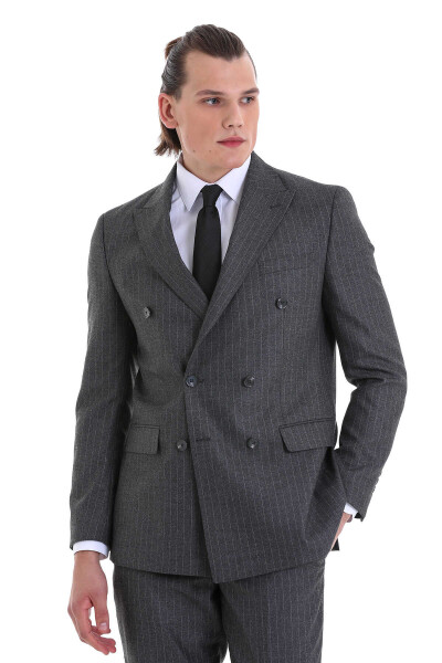 Gri Slim Fit Çizgili Klasik Kruvaze Takım Elbise - 4