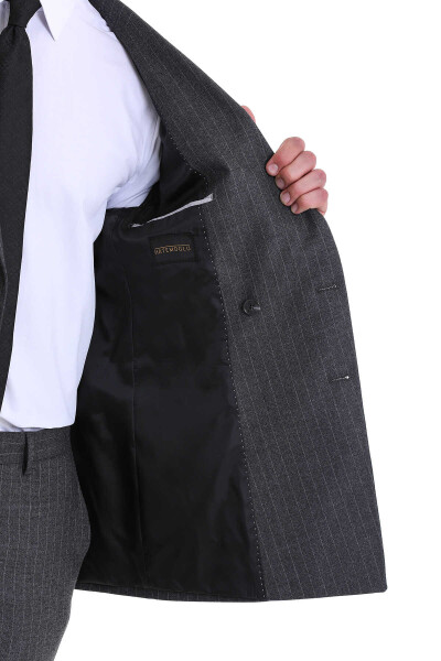 Gri Slim Fit Çizgili Klasik Kruvaze Takım Elbise - 6