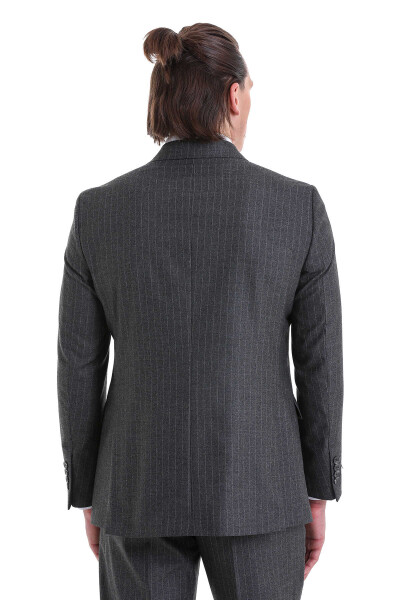 Gri Slim Fit Çizgili Klasik Kruvaze Takım Elbise - 7