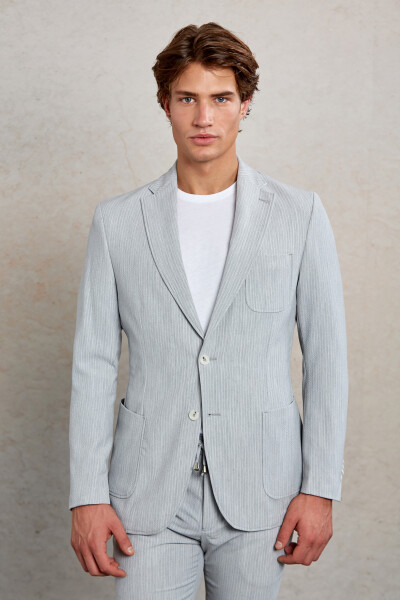 Gri Slim Fit Çizgili Mono Yaka Casual Takım Elbise - 2