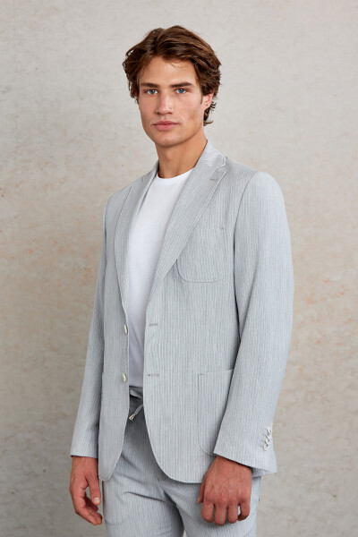 Gri Slim Fit Çizgili Mono Yaka Casual Takım Elbise - 3