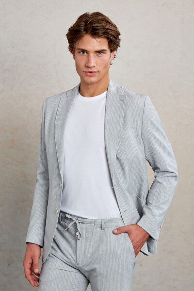 Gri Slim Fit Çizgili Mono Yaka Casual Takım Elbise - 4