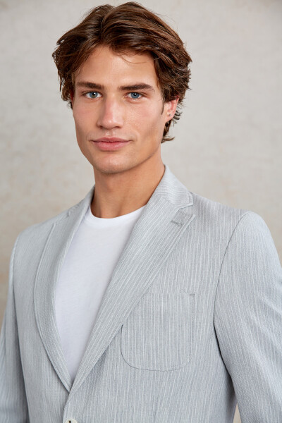 Gri Slim Fit Çizgili Mono Yaka Casual Takım Elbise - 5