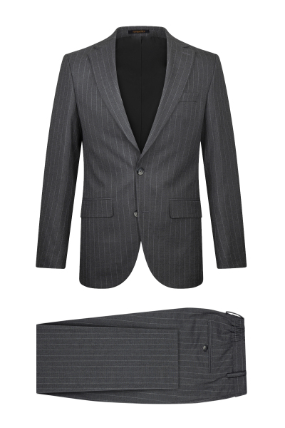 Gri Slim Fit Çizgili Mono Yaka Klasik Takım Elbise 