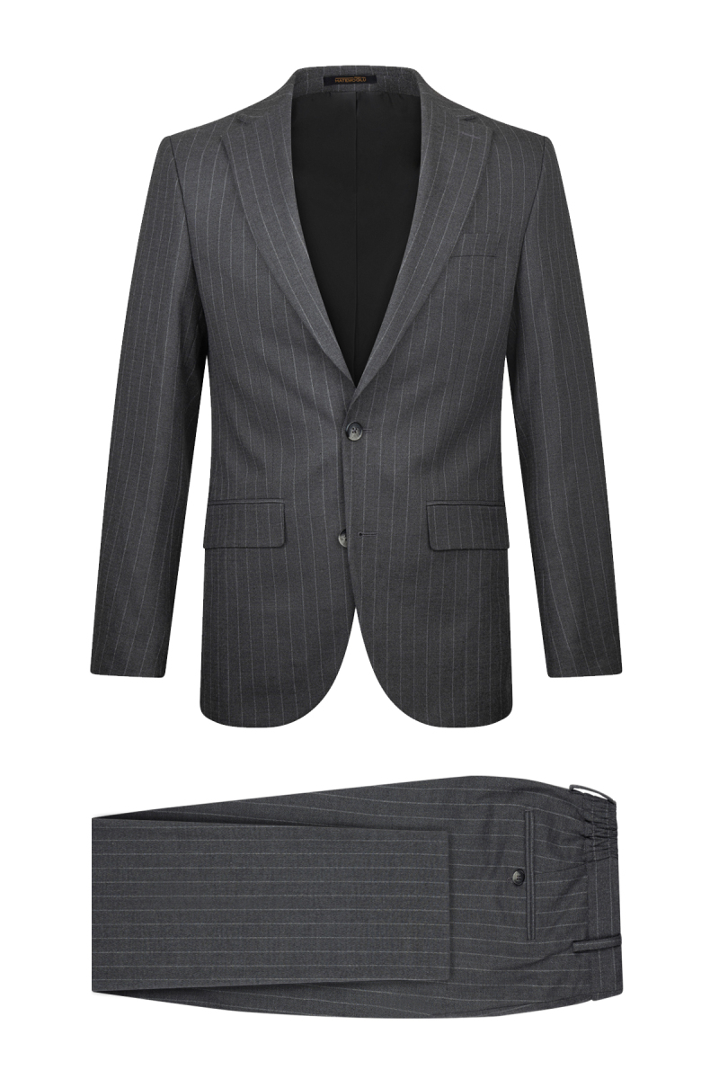 Gri Slim Fit Çizgili Mono Yaka Klasik Takım Elbise - Hatemoğlu