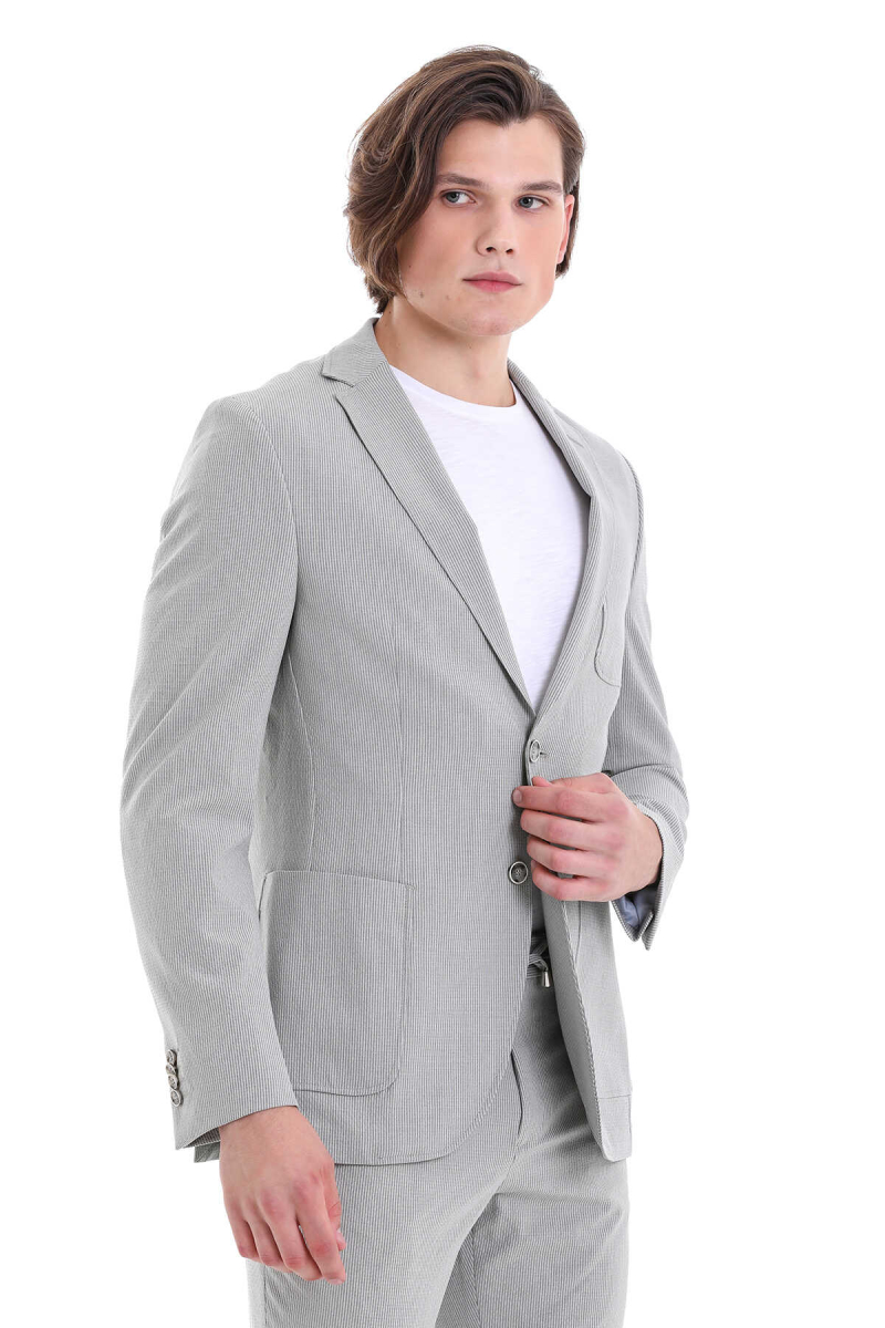 Gri Slim Fit Çizgili Mono Yaka Klasik Takım Elbise - HTML (1)