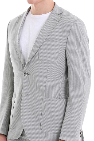 Gri Slim Fit Çizgili Mono Yaka Klasik Takım Elbise - 5