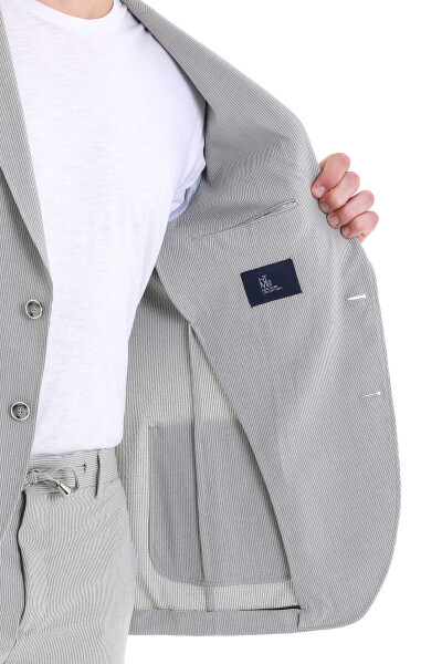 Gri Slim Fit Çizgili Mono Yaka Klasik Takım Elbise - 6