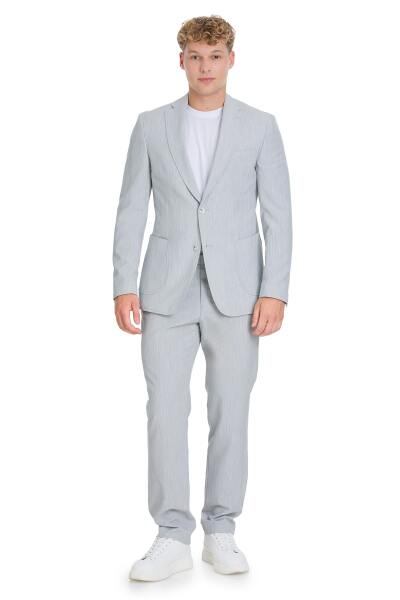 Gri Slim Fit Çizgili Mono Yaka Takım Elbise - 1