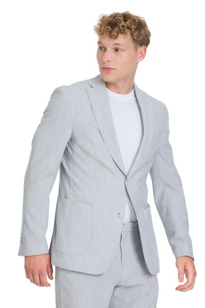 Gri Slim Fit Çizgili Mono Yaka Takım Elbise - 4