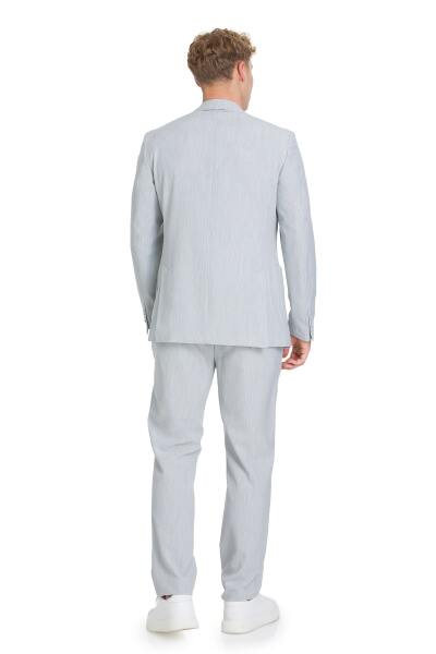 Gri Slim Fit Çizgili Mono Yaka Takım Elbise - 7