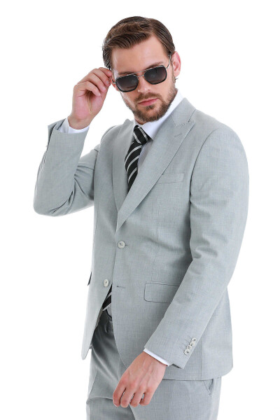 Gri Slim Fit Çizgili Sivri Yaka Klasik Takım Elbise - 3