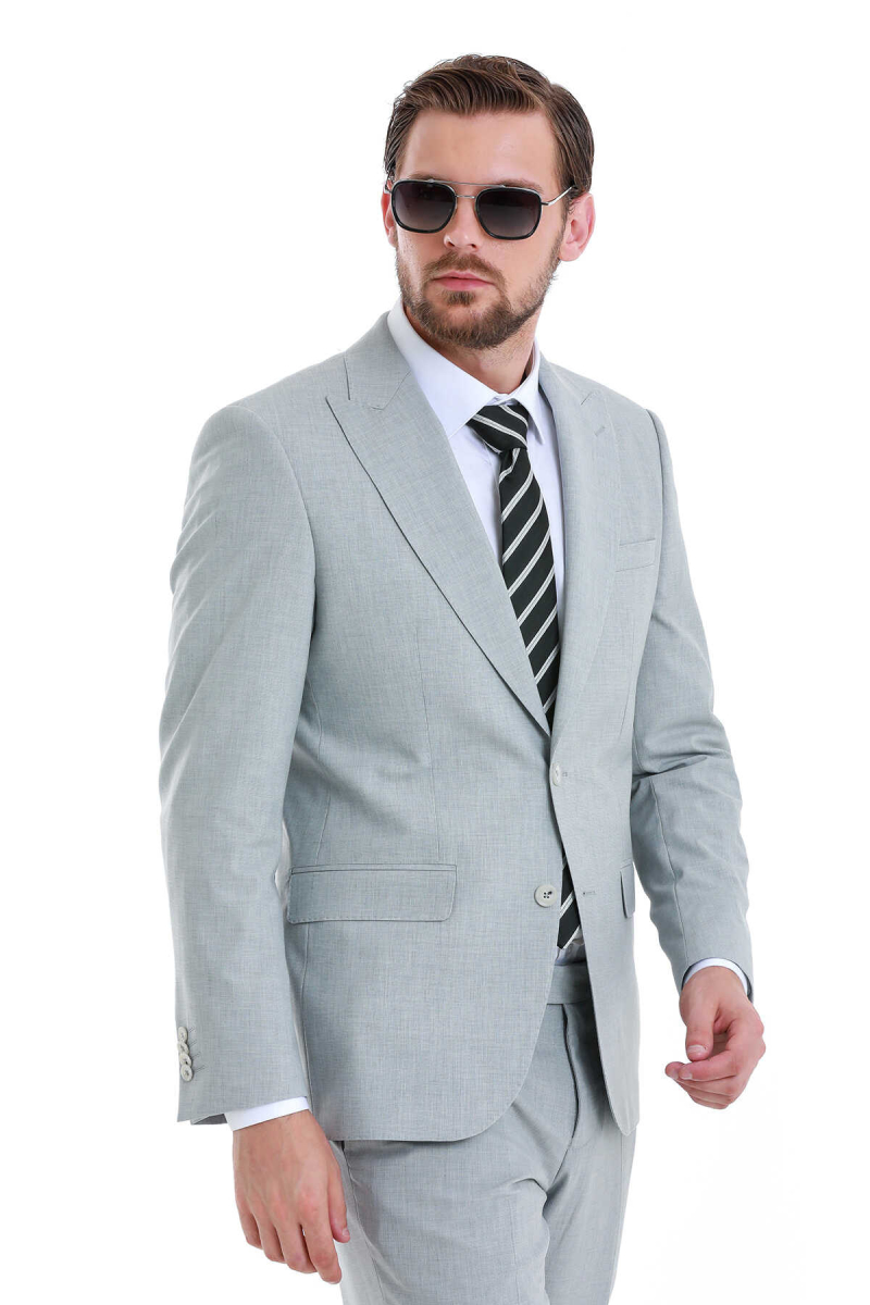 Gri Slim Fit Çizgili Sivri Yaka Klasik Takım Elbise - Hatem Saykı (1)