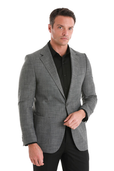 Gri Slim Fit Mono Yaka Klasik Ceket - 4