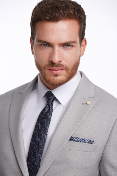 Gri Slim Fit Desenli Sivri Yaka Klasik Takım Elbise - 16