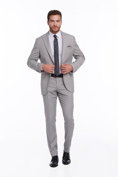 Gri Slim Fit Desenli Sivri Yaka Klasik Takım Elbise - 8