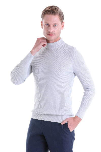 Gri Slim Fit Fitilli Yarım Balıkçı Yaka Yünlü Kazak - 3