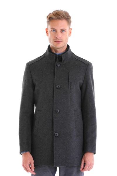 Gri Slim Fit Hakim Yaka İçlikli Yün Palto - 3