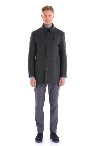 Gri Slim Fit Hakim Yaka İçlikli Yün Palto - 5