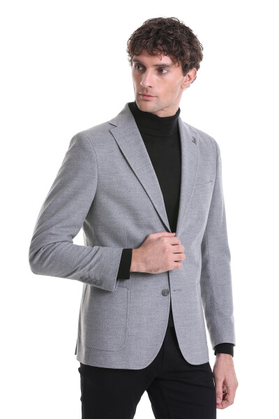Gri Slim Fit Düz Mono Yaka Casual Ceket - 4