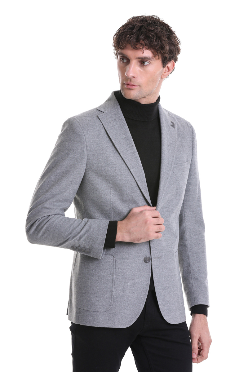 Gri Slim Fit Düz Mono Yaka Casual Ceket - HTML (1)