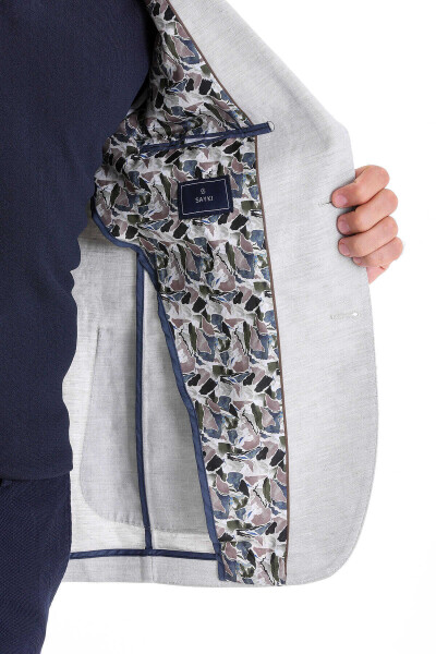 Gri Slim Fit Mono Yaka Casual Keten Ceket - 7