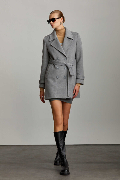 Saykı Woman Gri Kruvaze Yünlü Kaşe Manto - 2