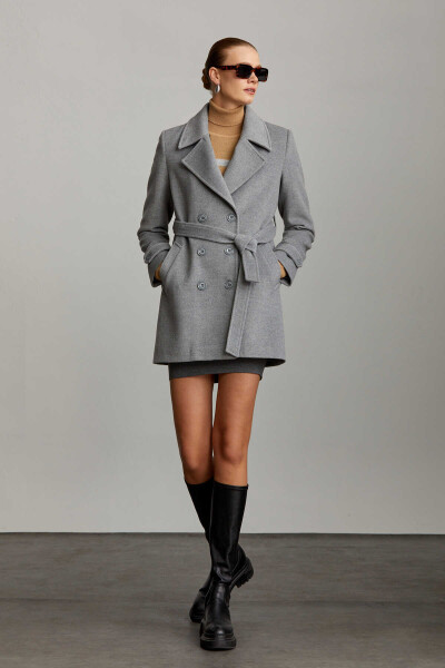 Saykı Woman Gri Kruvaze Yünlü Kaşe Manto - 7