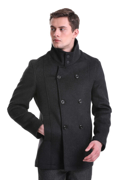 Gri Slim Fit Hakim Yaka Kruvaze Yünlü Kaşe Kaban - 2