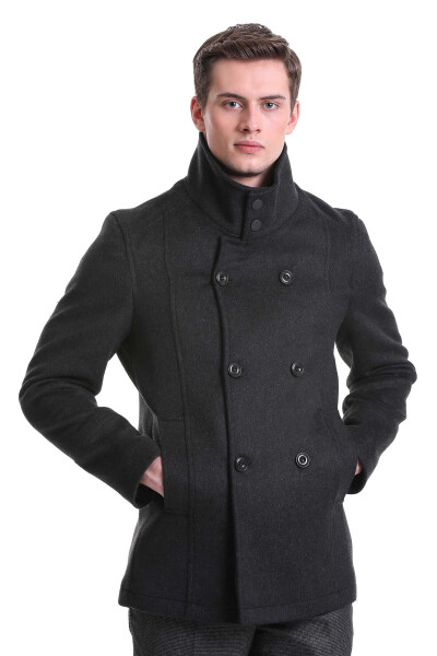 Gri Slim Fit Hakim Yaka Kruvaze Yünlü Kaşe Kaban - 3