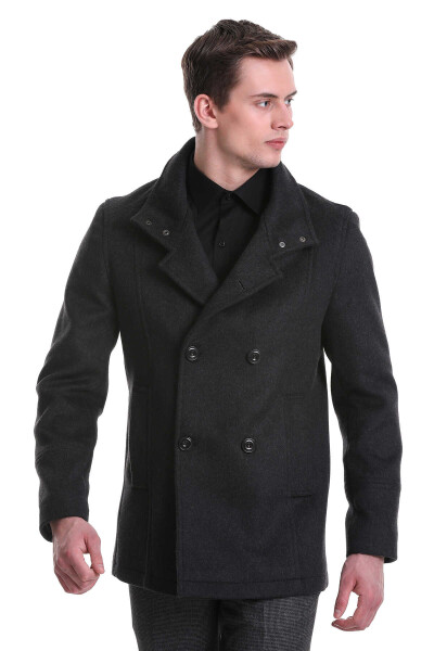 Gri Slim Fit Hakim Yaka Kruvaze Yünlü Kaşe Kaban - 4
