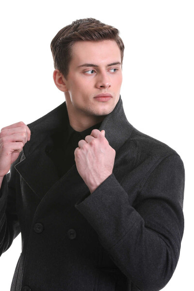 Gri Slim Fit Hakim Yaka Kruvaze Yünlü Kaşe Kaban - 5