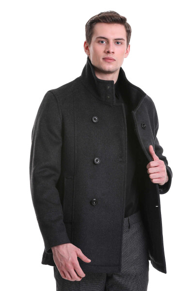 Gri Slim Fit Hakim Yaka Kruvaze Yünlü Kaşe Kaban - 6