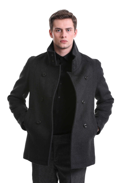 Gri Slim Fit Hakim Yaka Kruvaze Yünlü Kaşe Kaban - 7