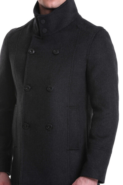 Gri Slim Fit Hakim Yaka Kruvaze Yünlü Kaşe Kaban - 8