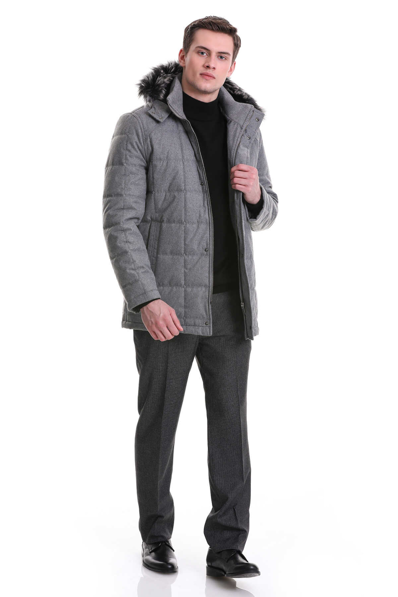 Gri Slim Fit Hakim Yaka Kürklü Kapüşonlu Kaban - Hatem Saykı (1)