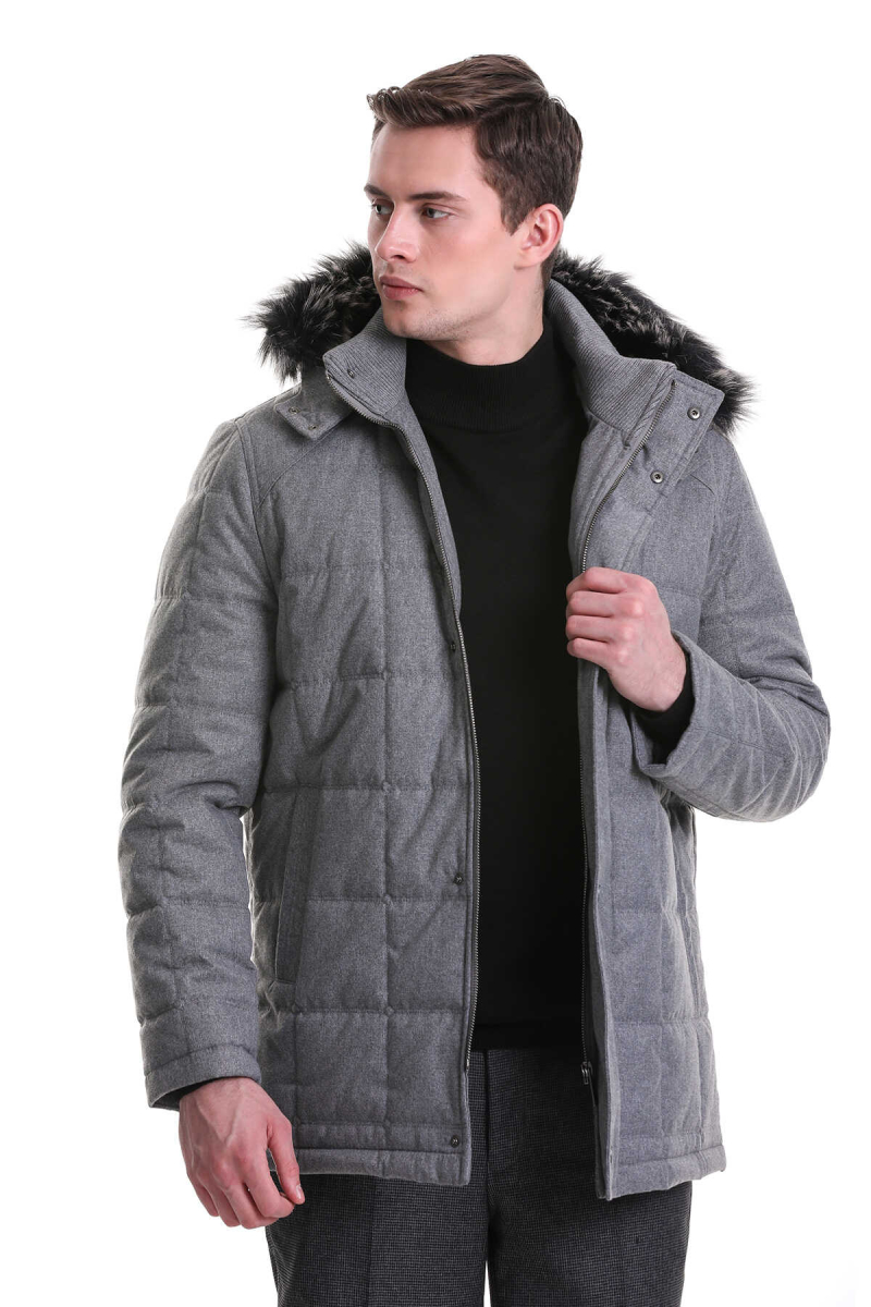 Gri Slim Fit Hakim Yaka Kürklü Kapüşonlu Kaban - Hatem Saykı (1)